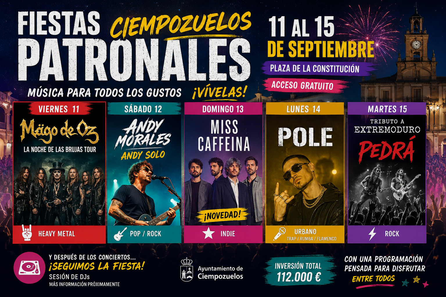 Cartel de la programación musical de las fiestas patronales de Ciempozuelos 2026, del 11 al 15 de septiembre