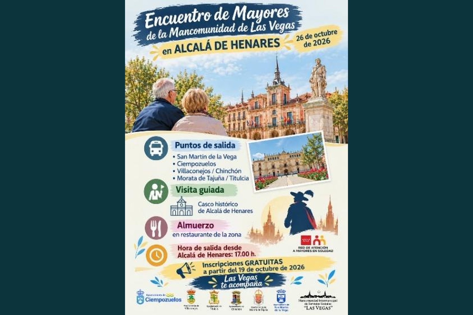 Cartel del Encuentro de Mayores de la Mancomunidad de Las Vegas en Alcalá de Henares, el 26 de octubre de 2026, con puntos de salida, visita guiada, almuerzo e inscripciones gratuitas
